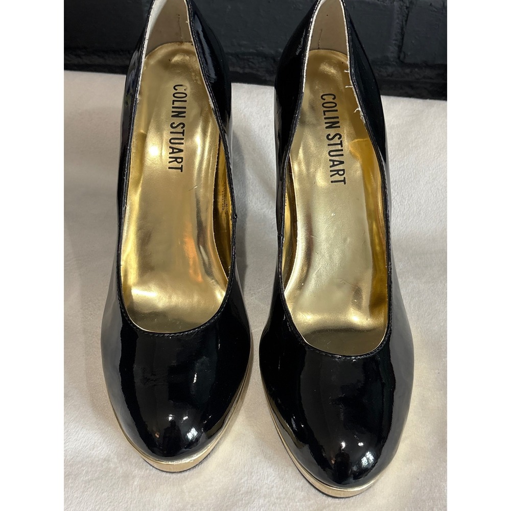 Colin Stuart Black Patent Gold Platform Stiletto Pumps Heels 8.5 214278-093